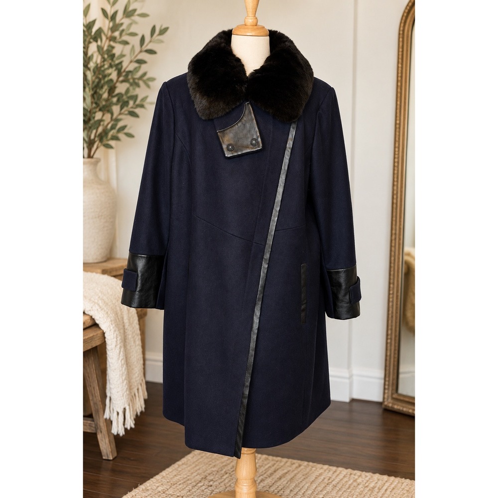 Via Spiga 24W Navy Wool Blend Coat Removable Faux Fur Collar Asymmetrical NWT